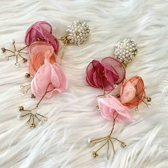 New mesh flower and pearl earrings(Silver Needle) - Picture 3 of 14